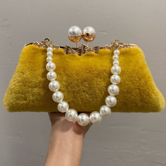 Genuine Shearling Leather “Pearl” Kisslock Clutch Bag/Evening Bag/Crossbody